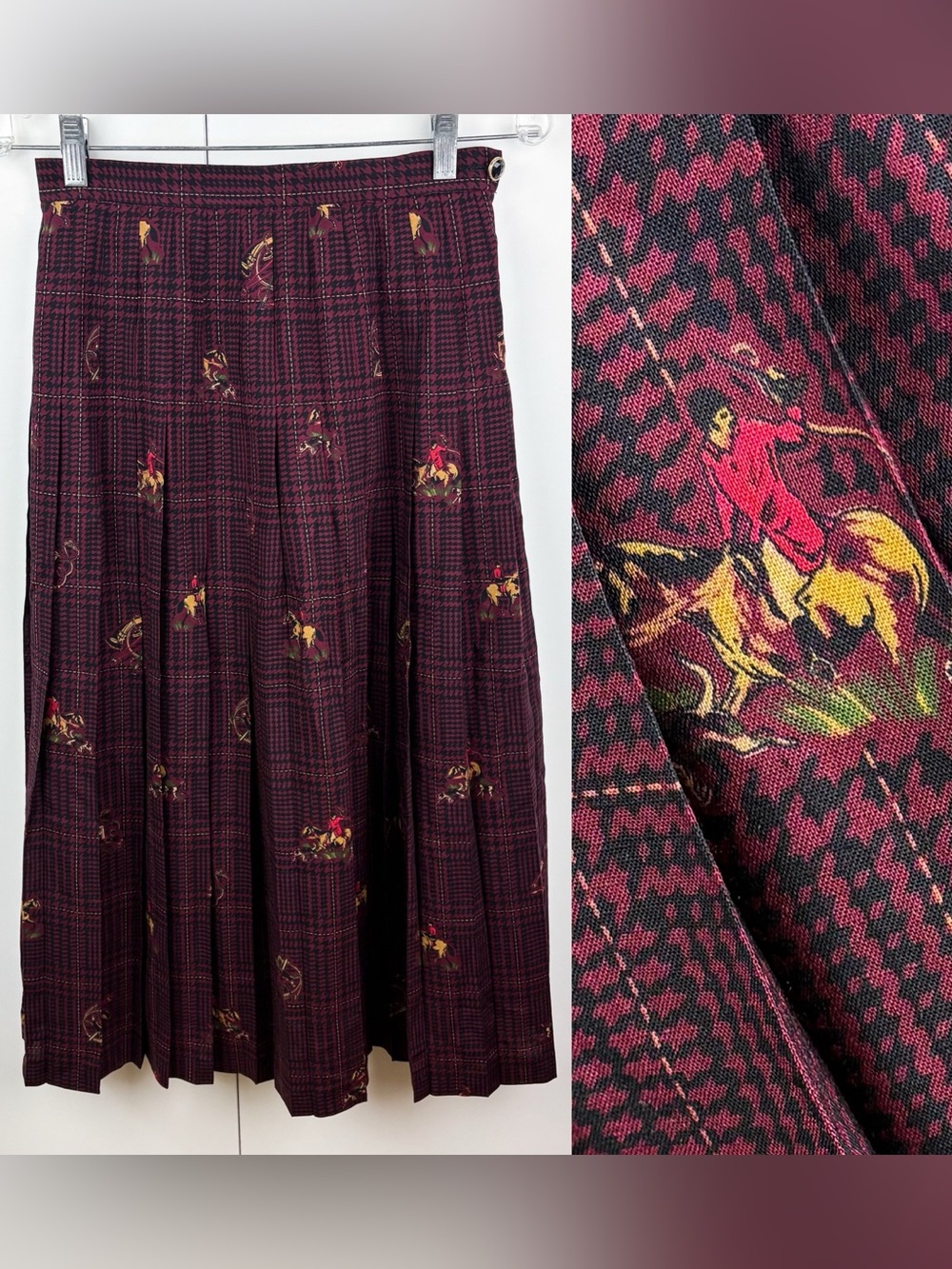Vintage 100% Wool Equestrian Horse Riding Plaid Pleated Midi Skirt Preppy Red